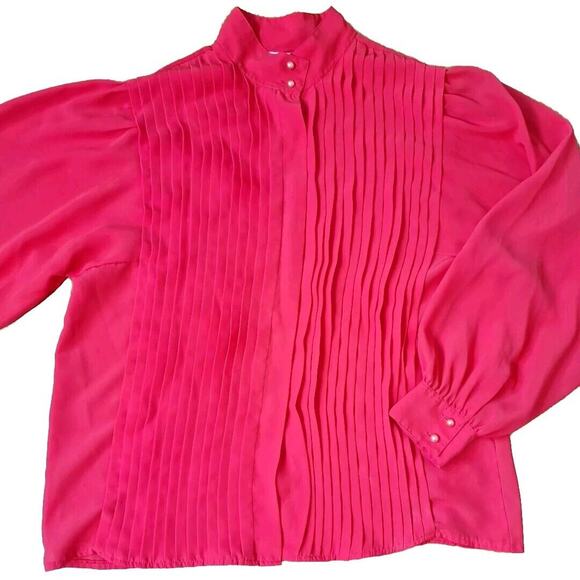 Vintage 80s Chaus High Neck Pleated Secretary Blouse Size 16 L Balloon Sleeves - Picture 10 of 10